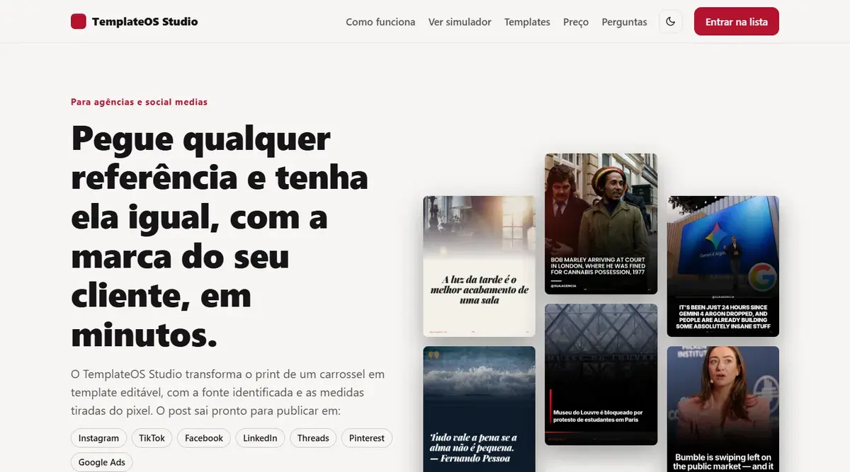 Prévia da página inicial do TemplateOS Studio, com título e exemplos de templates