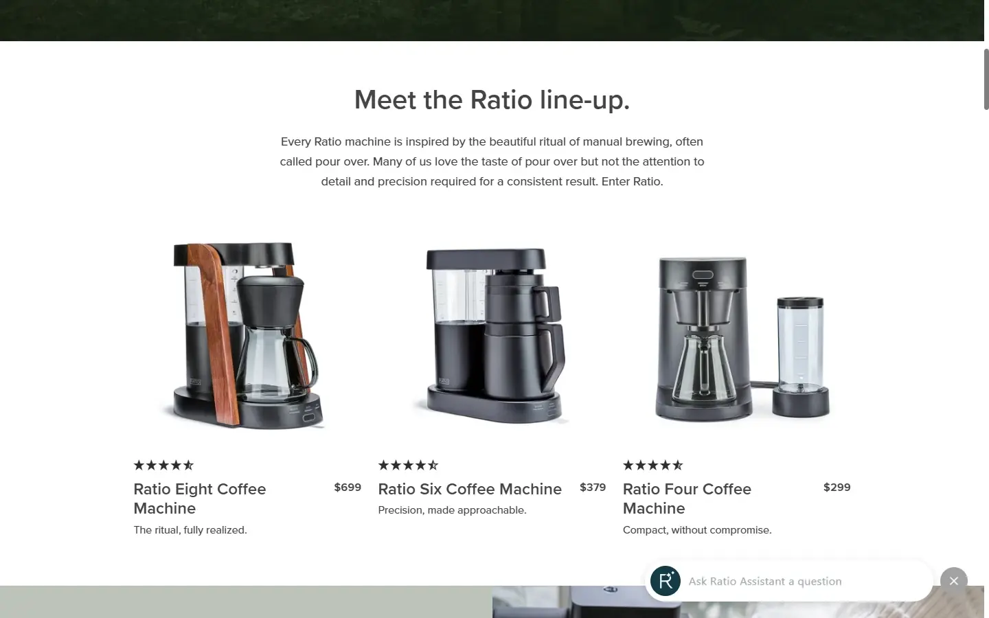 Catálogo real da Ratio Coffee com três modelos de cafeteiras e informações de produto.