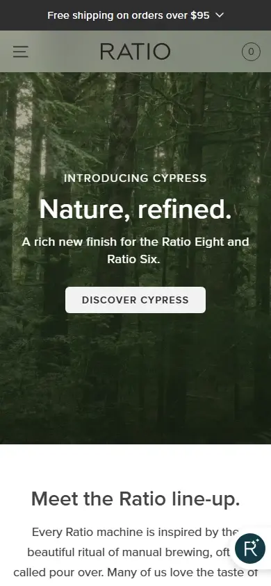 Primeira dobra real da loja Ratio Coffee em celular, com a campanha Nature, refined.
