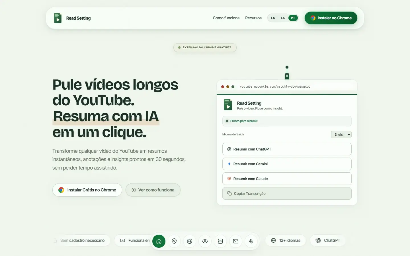 Página de apresentação da extensão Read Setting.