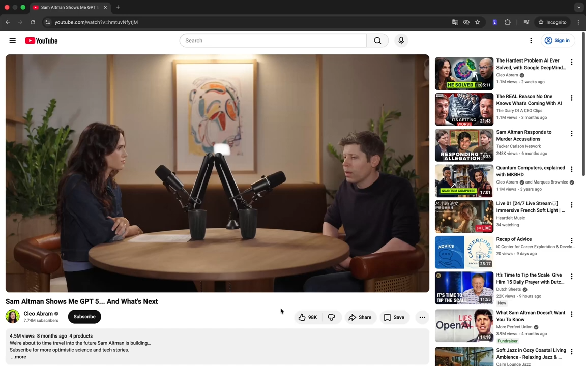 Vídeo de Sam Altman aberto no YouTube, ponto de partida da demonstração do Read Setting.