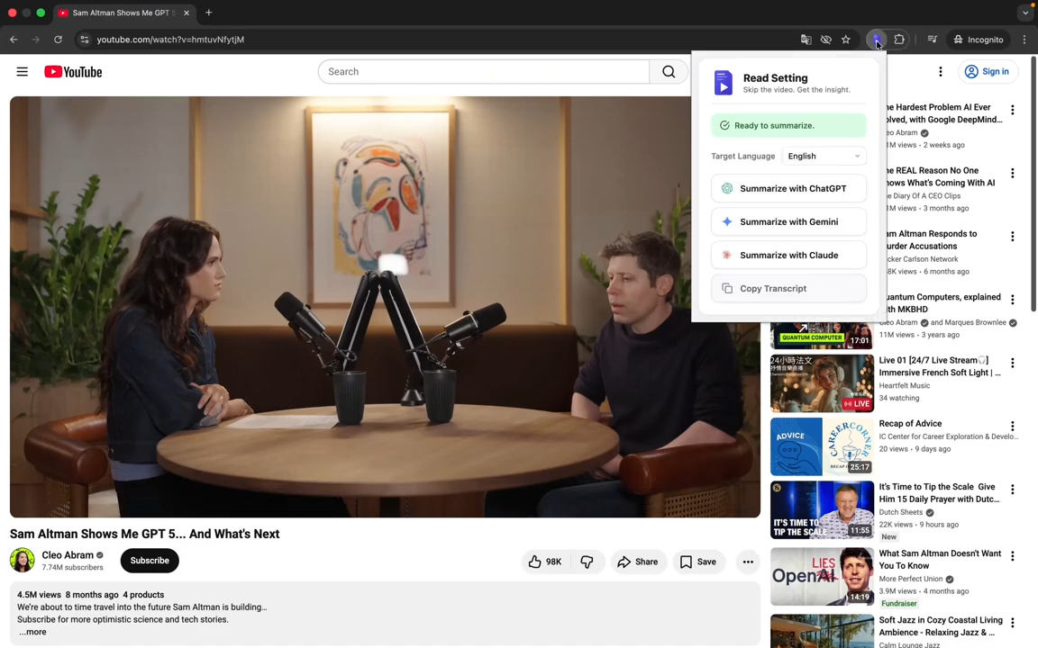 Extensão Read Setting aberta sobre o YouTube, com opções para ChatGPT, Gemini, Claude e cópia da transcrição.