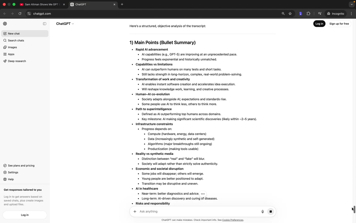 ChatGPT exibindo um resumo estruturado da transcrição do vídeo usado na demonstração.