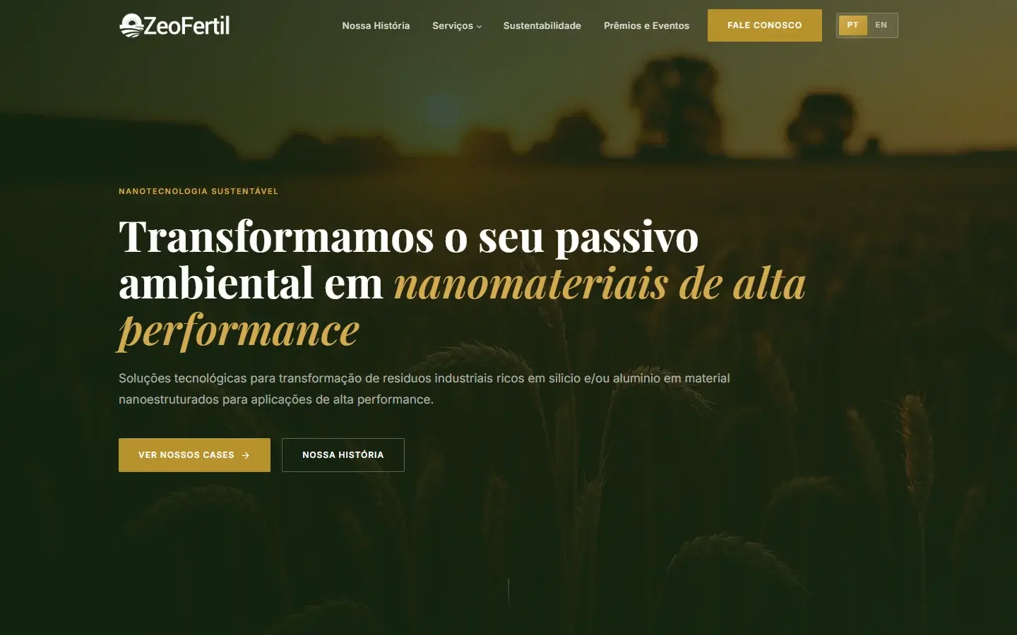 Página inicial da ZeoFertil, com sua apresentação de nanotecnologia sustentável.