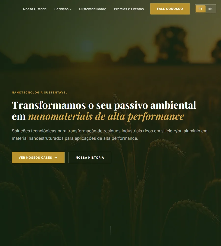 Página inicial da ZeoFertil, com sua apresentação de nanotecnologia sustentável.